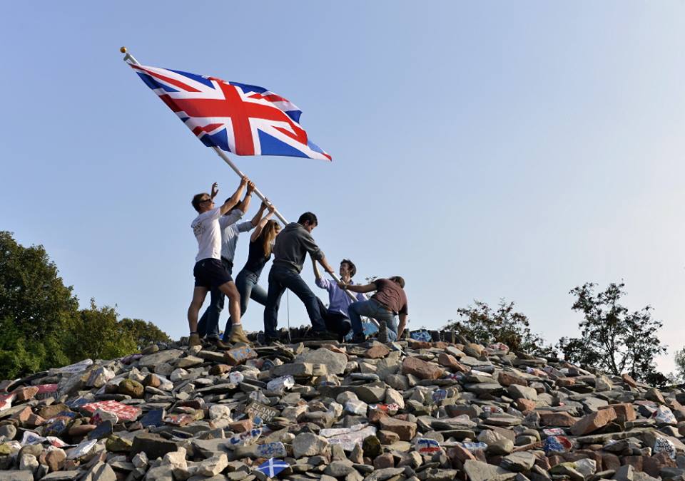 The flag flies to celebrate the No result at the 'Auld Acquaintance Cairn' at Gretna, created by the Hands Across the Border campaign.
