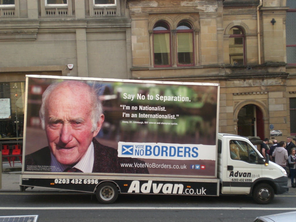 The 'VoteNoBorders' Advan outside the Unity Concert organised by VoteNoBorders in Glasgow on 5 September 2014